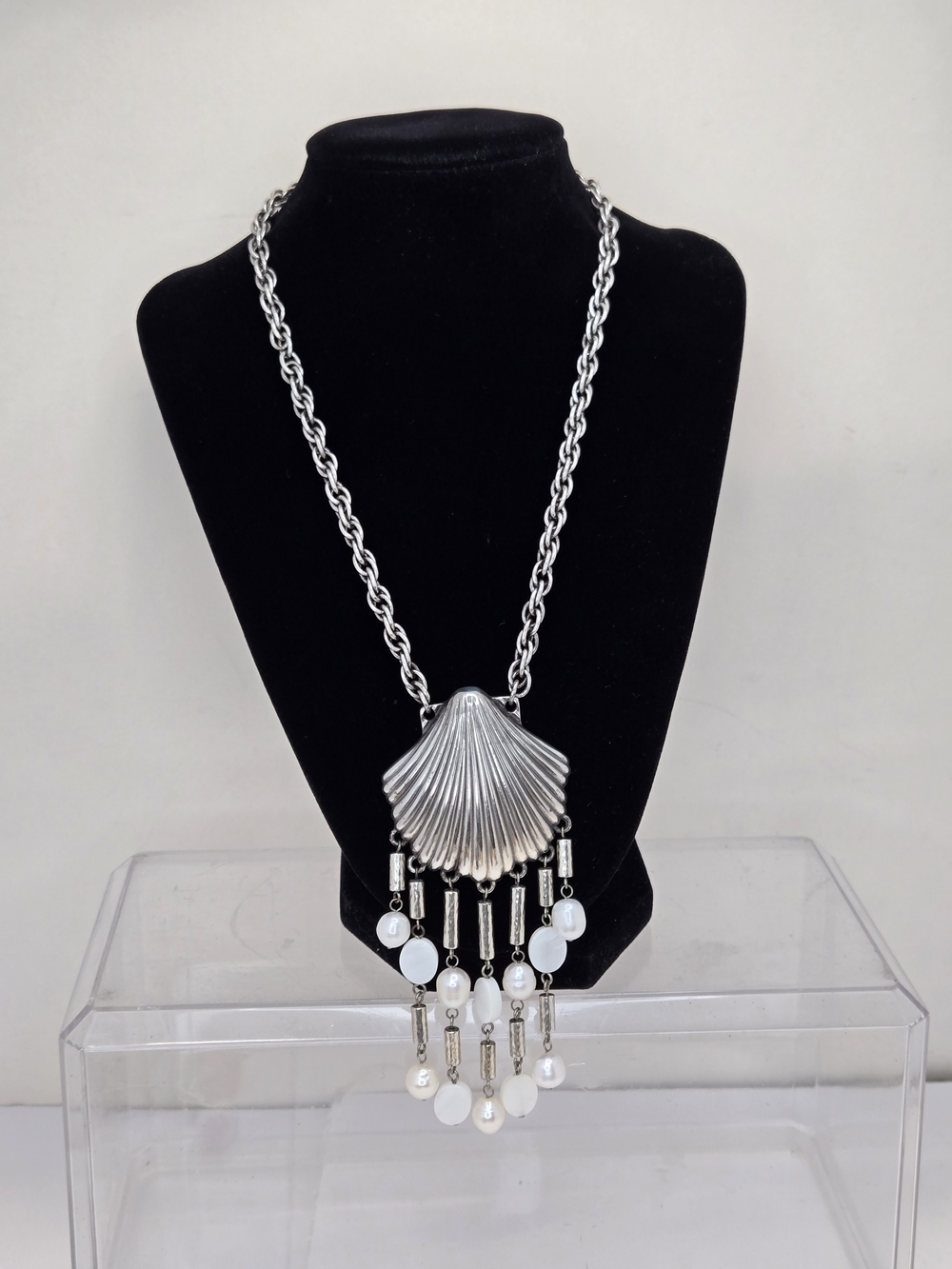 Vintage Brighton Silver Shell Pendant Necklace with White Pearl  Drops